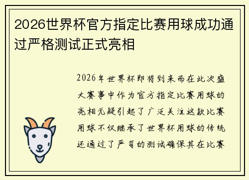 2026世界杯官方指定比赛用球成功通过严格测试正式亮相 2026世界杯官方指定比赛用球成功通过严格测试正式亮相