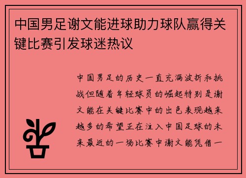 中国男足谢文能进球助力球队赢得关键比赛引发球迷热议 中国男足谢文能进球助力球队赢得关键比赛引发球迷热议